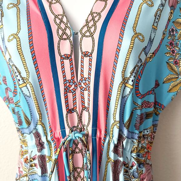 Boston Proper Scarf Border Print Blue & Pink Maxi Dress Women's Size Small - Picture 3 of 10